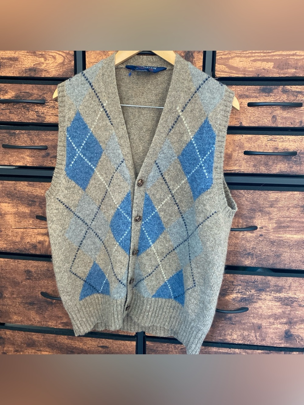 Vtg Allen Wickfield Argyle Sweater Vest Shetland Button Wool Size XL Tan/Blue